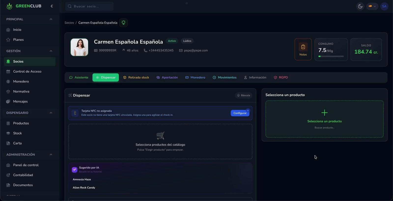 Pantalla de dispensación desde la ficha de un socio
