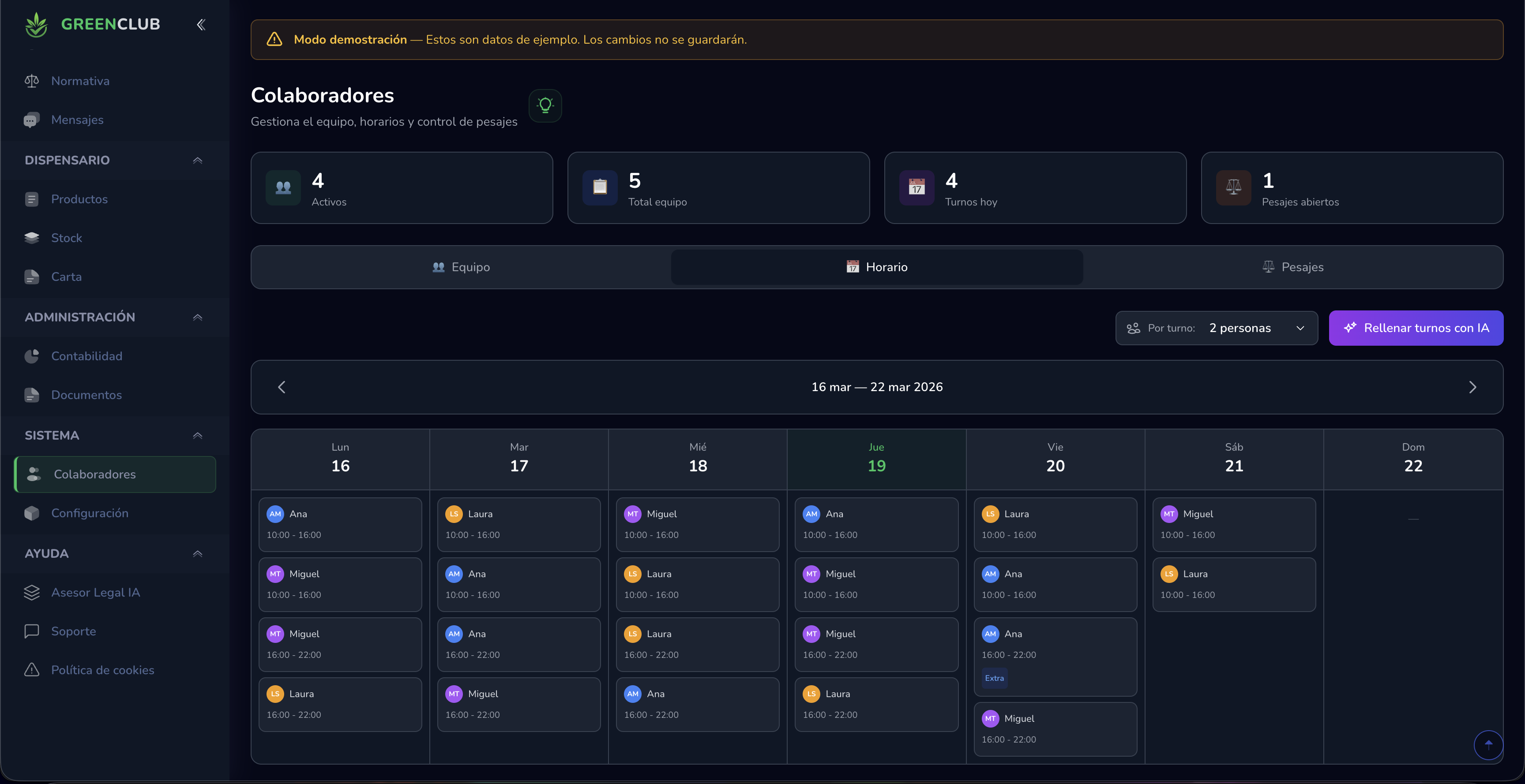 Horarios - Planificación semanal de turnos del equipo