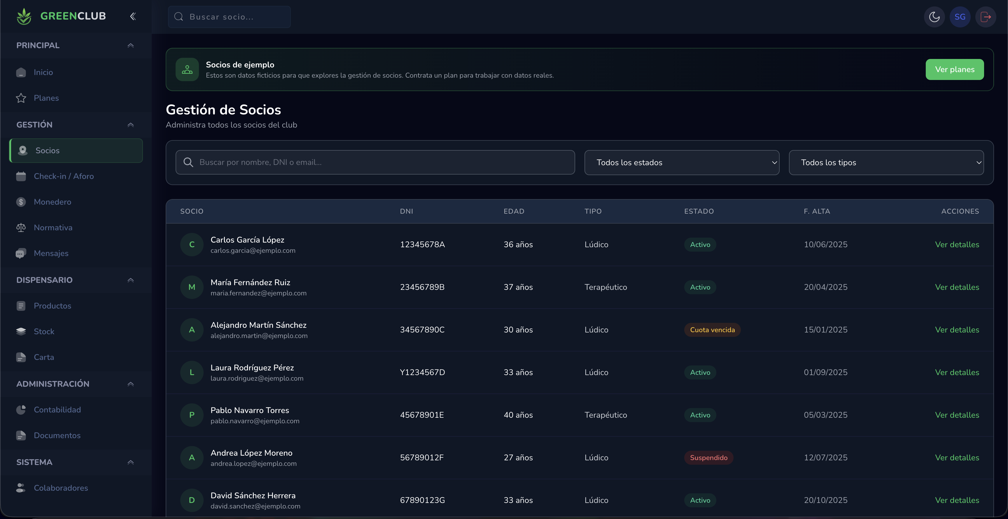 Gestión de Socios - Lista completa de miembros del club
